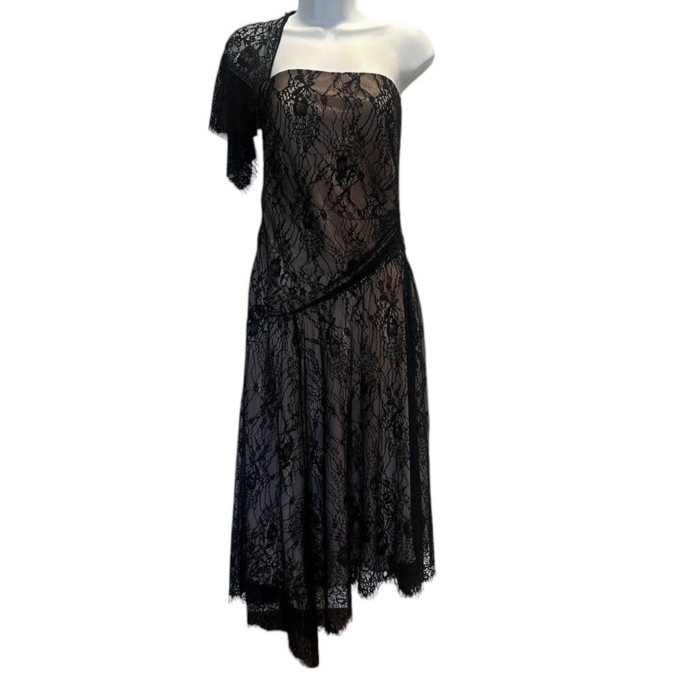 Vintage 2000s Prom Dress Black Lace Sheer Asymmetrical Nicole Miller Size 4